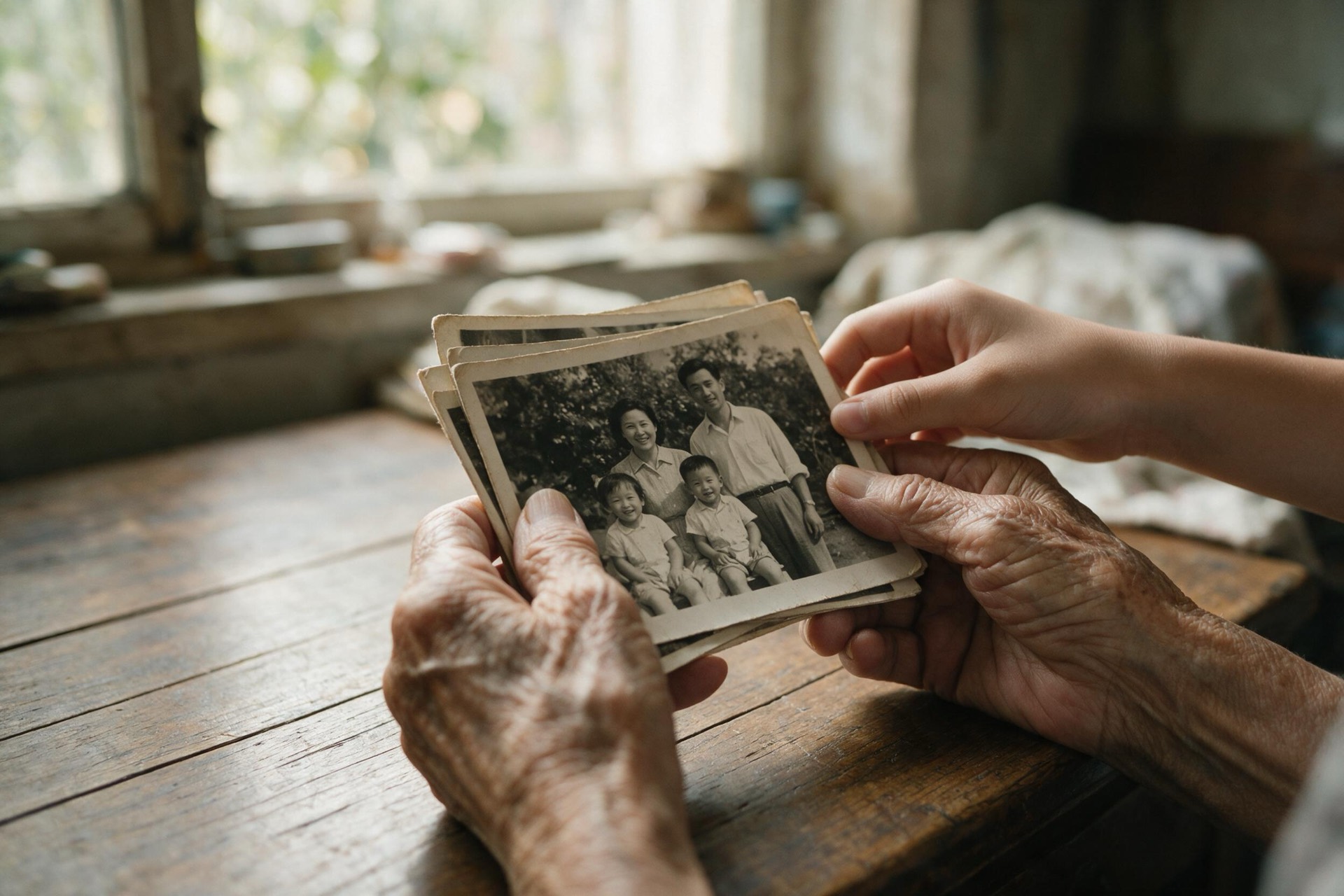 Starije ruke pokazuju stare obiteljske fotografije mlađoj osobi