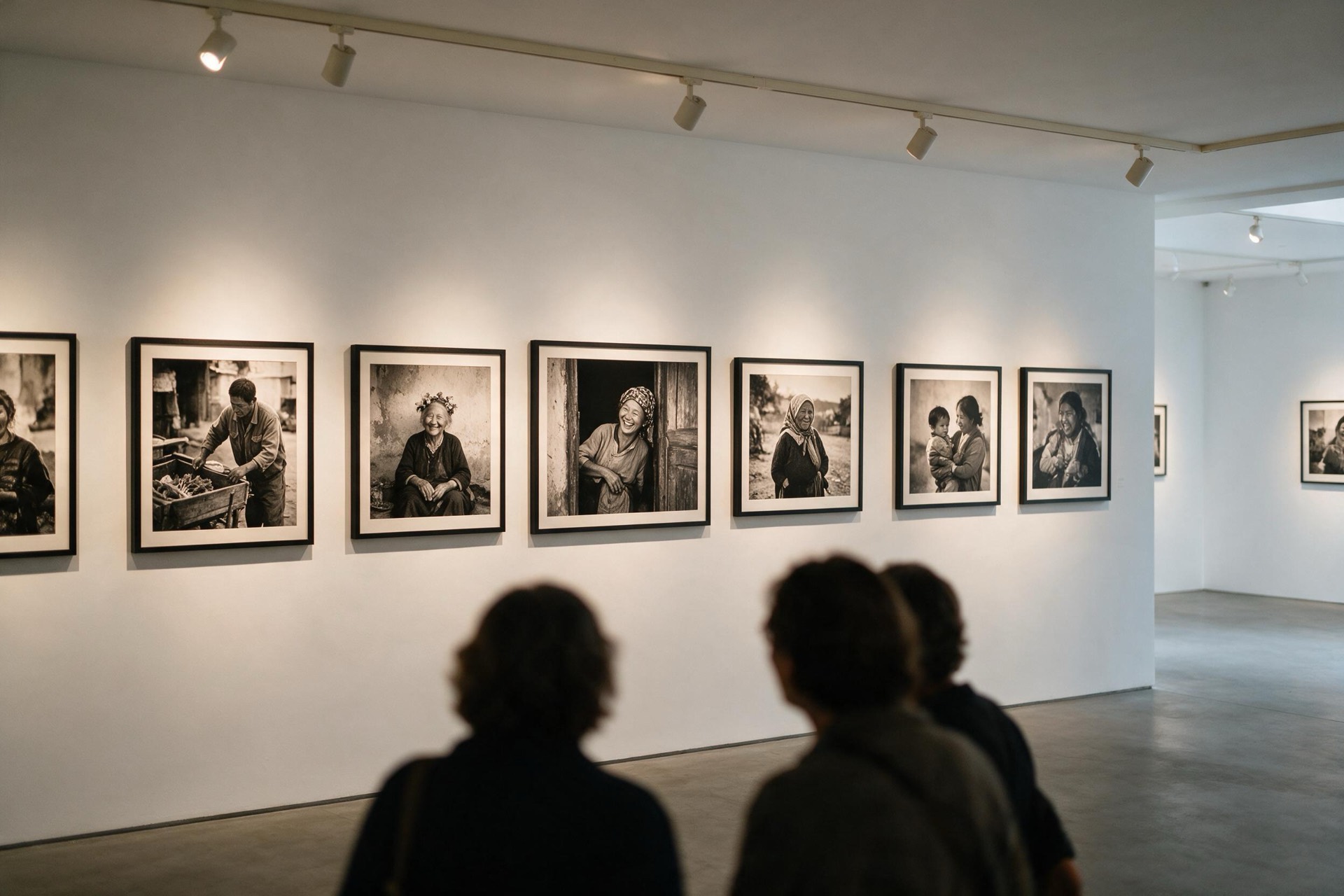 Izložbeni prostor s uokvirenim crno-bijelim fotografijama